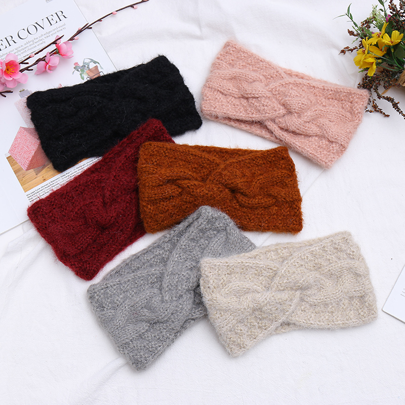 秋冬季时尚仿貂绒麻花针织发带纯色简约弹力毛线发带发箍束发巾