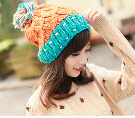 M210 high quality winter hat color matching big ball wool hat diamond colored ball Korean knitted hat details Picture