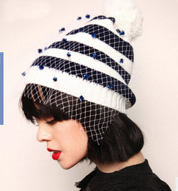 Clearance M214 Mesh Hairball Little Wool Hat Veil New Knitted Hat Korean Version Of The Trend Winter Hat Woman details Picture