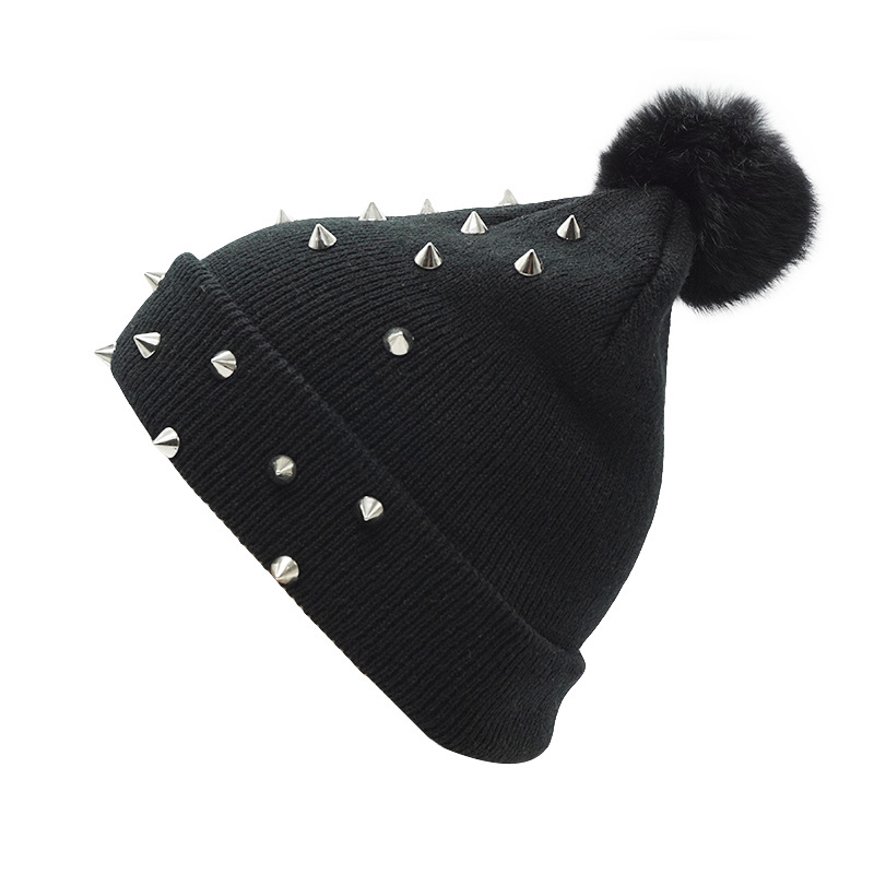 Aliexpress Foreign Trade Explosive Hat European And American Punk Riveted Autumn And Winter Knitted Hat Women's Woolen Hat Thermal Sleeve Hat details Picture