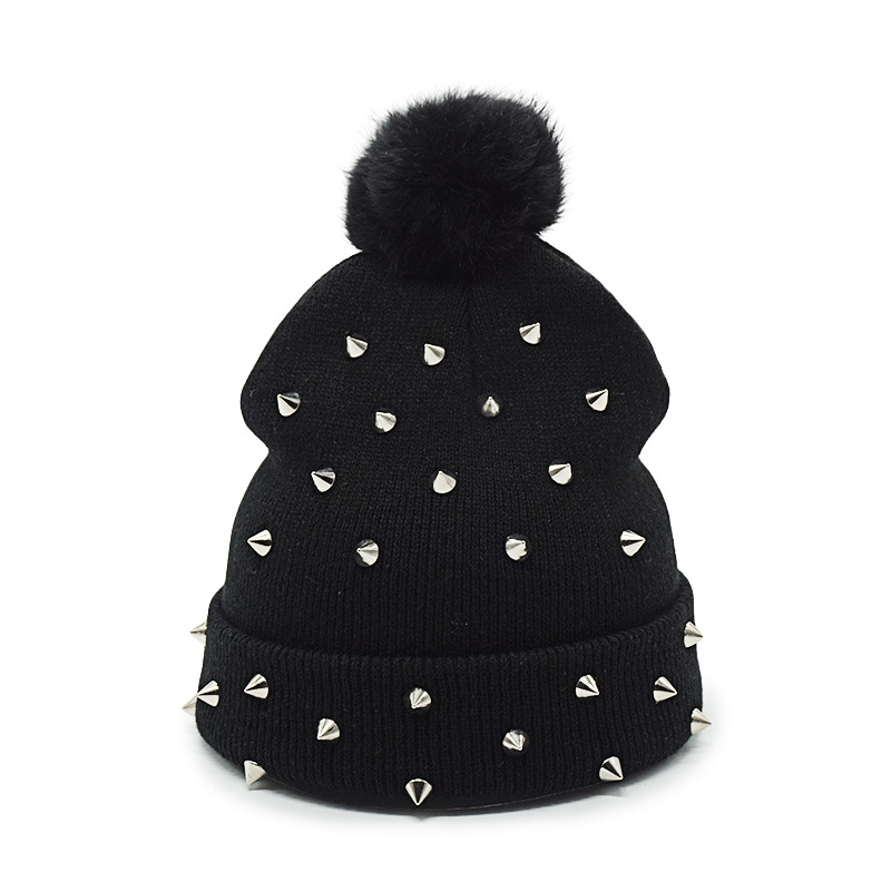 Aliexpress Foreign Trade Explosive Hat European And American Punk Riveted Autumn And Winter Knitted Hat Women's Woolen Hat Thermal Sleeve Hat Specification drawing