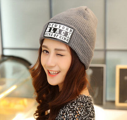 New Korean version of BLACK letter wool hat warm fashionable men's and women's couple hats embroidered applied-cloth knitted hat full figure