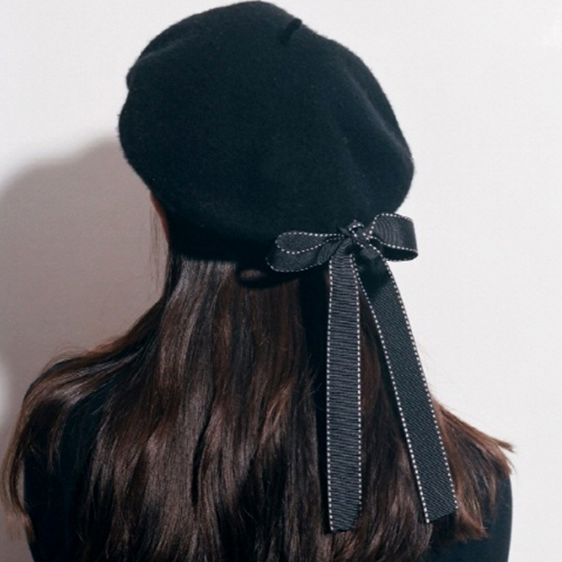 Bow blended wool beret parent-child Korean fashion lady Autumn winter Bud wool painter hat details Picture