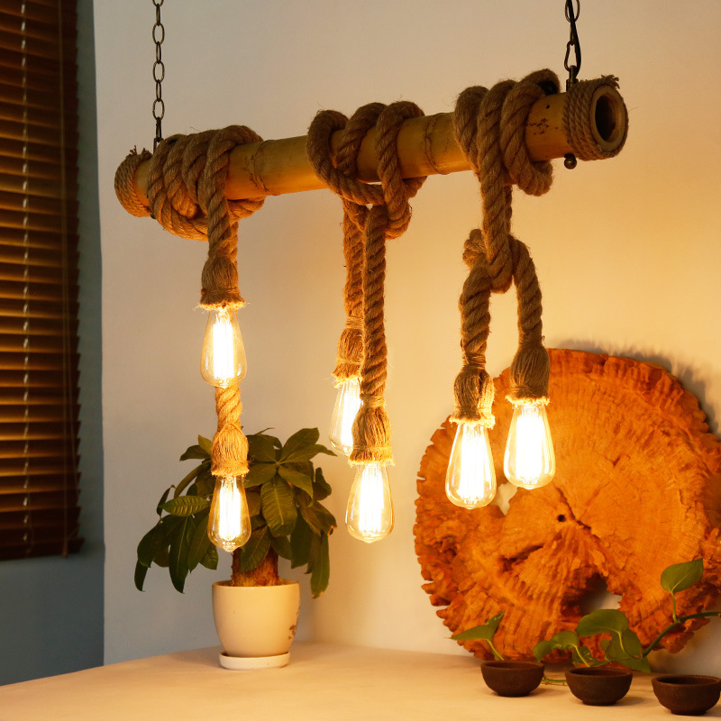 American style rural bamboo lamp creative rope bamboo chandelier featured dining bar, living room cafe retro lights