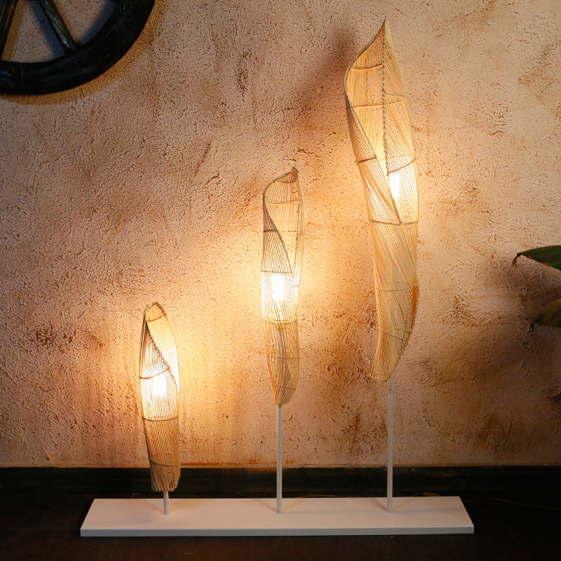 Retro bamboo creative floor lamp desk lamp rattan art weaving project custom Villa hotel image project villa lamp Specification drawing