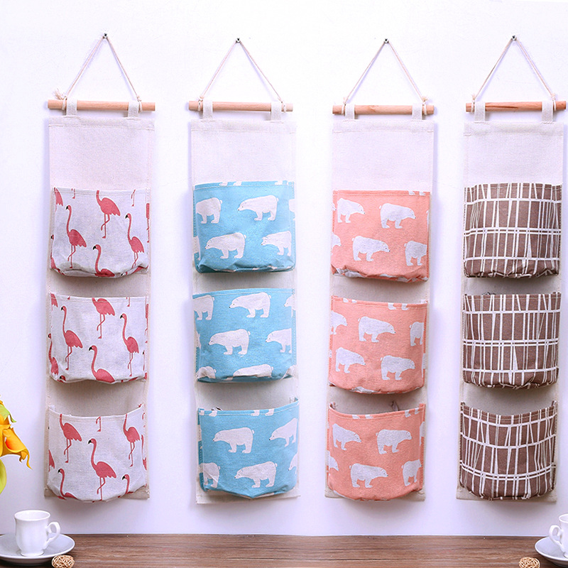Home Cotton And Linen Waterproof Storage Bag Hanging Storage Bag Storage Bag Fabric Three Pockets Hanging Bag Storage Box Wholesale