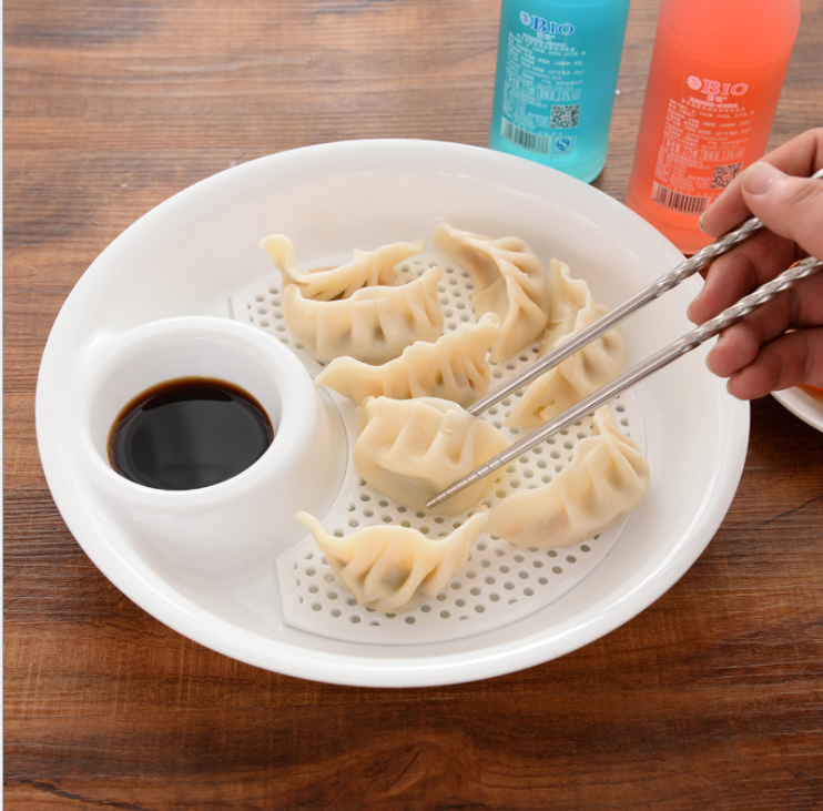 大号塑料饺子盘 带醋碟 沥水双层盘 吃水饺盘子控多功能水果盘产品图