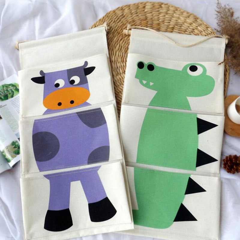 Home Hanging Bag Storage Bag Wall Hanging Cartoon Animal Hanging Bag Cotton Linen Three Pocket Storage Bag Storage Box