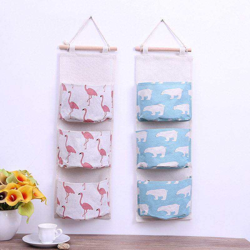 Home Cotton And Linen Waterproof Storage Bag Hanging Storage Bag Storage Bag Fabric Three Pockets Hanging Bag Storage Box Wholesale details Picture