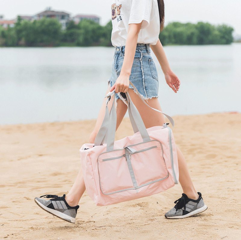 新款纯色可折叠健身包旅行便携行李包户外行李袋大容量旅行包定制白底实物图