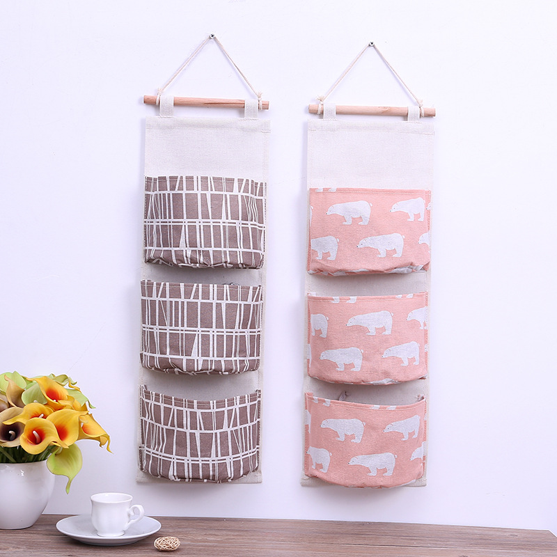 Home Cotton And Linen Waterproof Storage Bag Hanging Storage Bag Storage Bag Fabric Three Pockets Hanging Bag Storage Box Wholesale Specification drawing