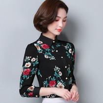 Autumn new printed shirt lapel top women slim long sleeve chiffon base shirt