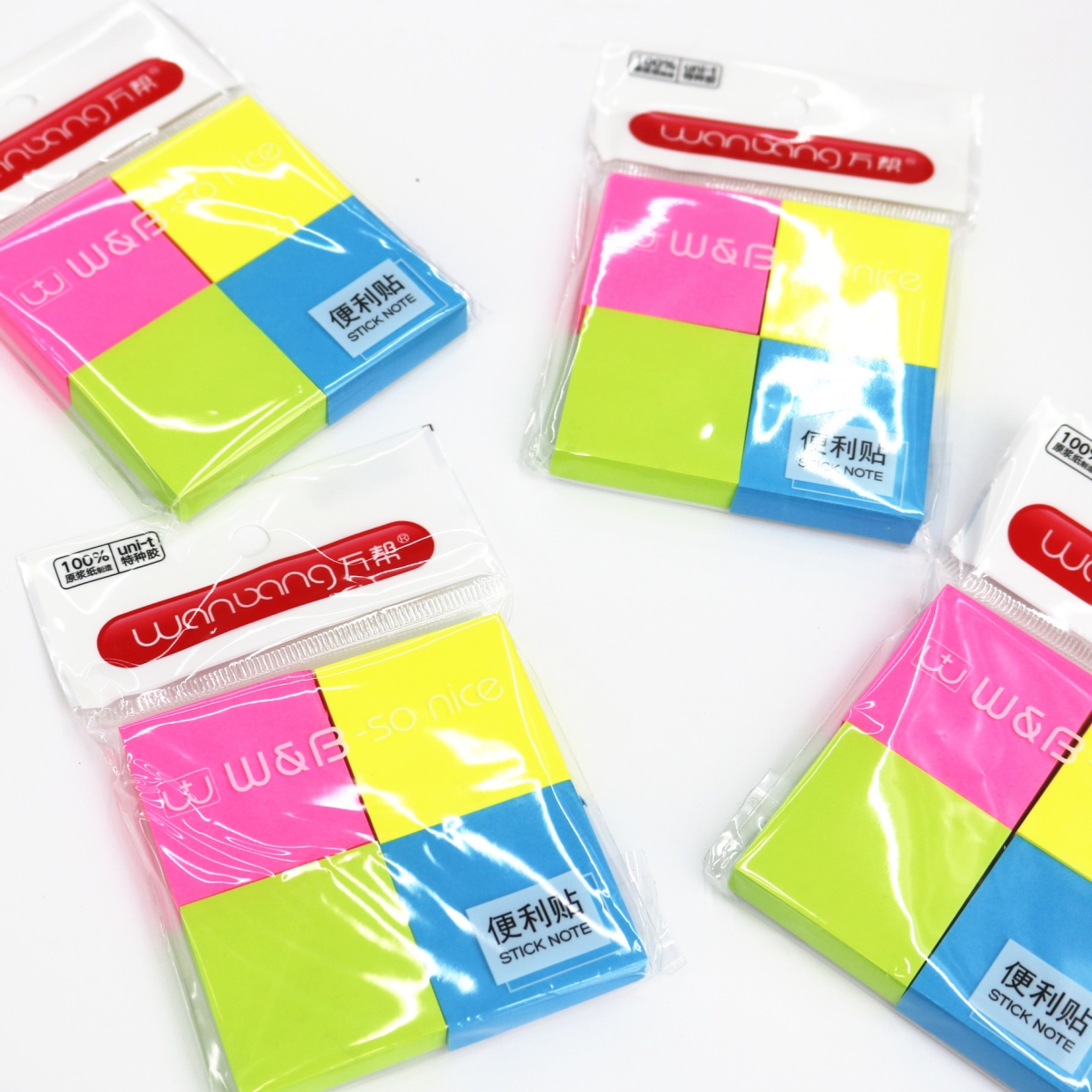 Wanbang 1845 Sticky Note Brick 4-color fluorescent universal sticky note Strip stationery, 100 pages, 76*76mm details Picture
