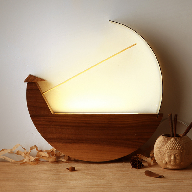 Small night lamp fishing alone LED wall lamp wood decorative table lamp