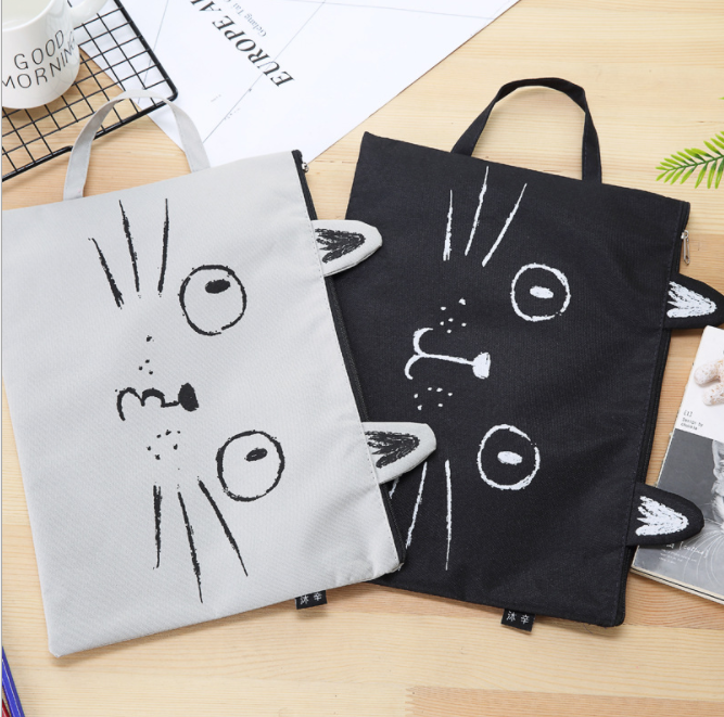Cute cat zipper canvas file bag, student stationery cartoon test paper storage bag, handbag Specification image