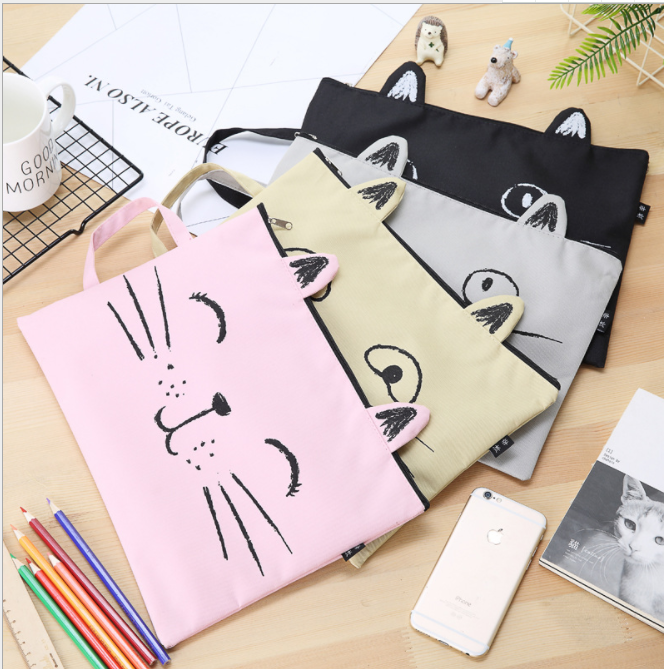 Cute cat zipper canvas file bag, student stationery cartoon test paper storage bag, handbag