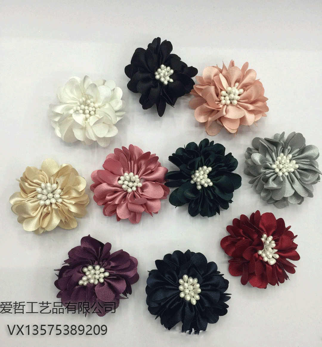 厂家直销跨境专供热销彩色绕边布艺花芯山茶花服饰鞋帽花女童发饰产品图
