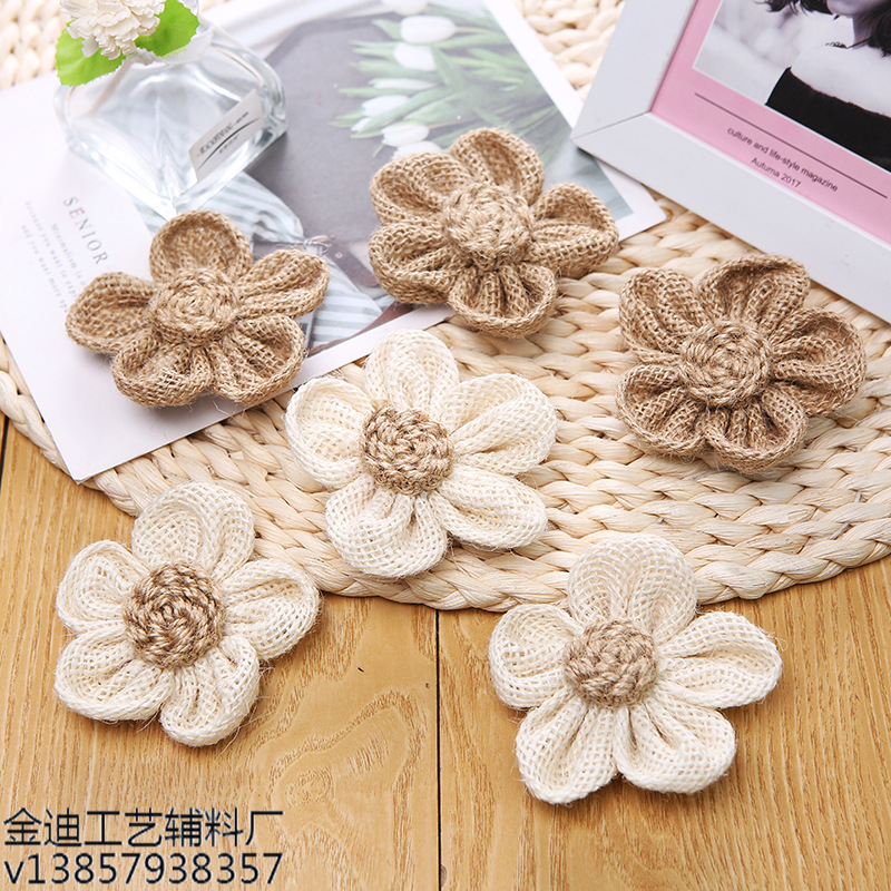 厂家直销跨境专供鞋花帽花圣诞婚庆派对装饰工艺麻布花黄麻手工花