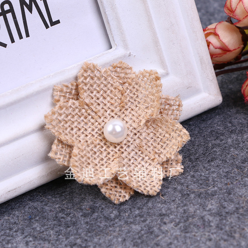 厂家直销跨境专供麻布珍珠花婚庆派对庆典节日麻布花DIY手工鞋帽产品图