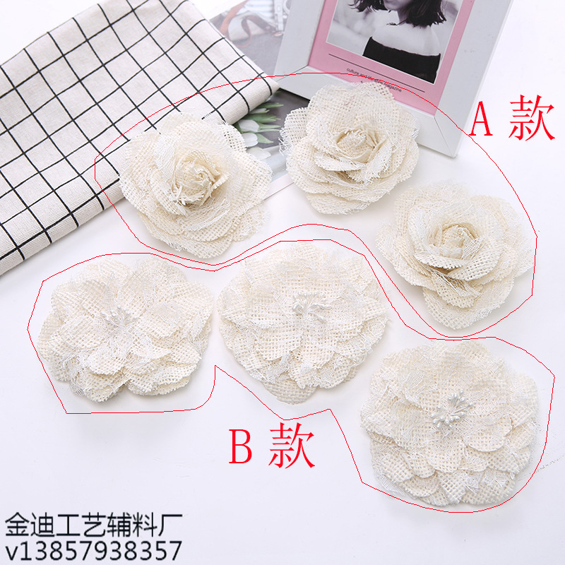 厂家直销跨境专供婚庆派对装饰五瓣麻布花 麻布包心花鞋花帽花