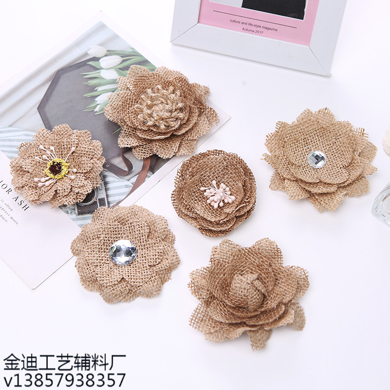 厂家直销跨境专供麻布花DIY手工麻布花婚庆派对圣诞工艺DIY手工