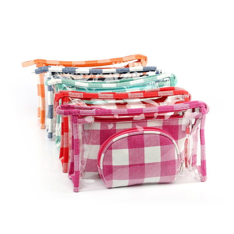 New fabric checkered makeup bag, makeup bag, toiletry bag, clutch bag, PVC makeup bag three-piece set bag details Picture
