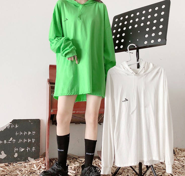New Korean-style early autumn long-sleeved hooded sweatshirt in avocado green mid-length thin top for women Specification image