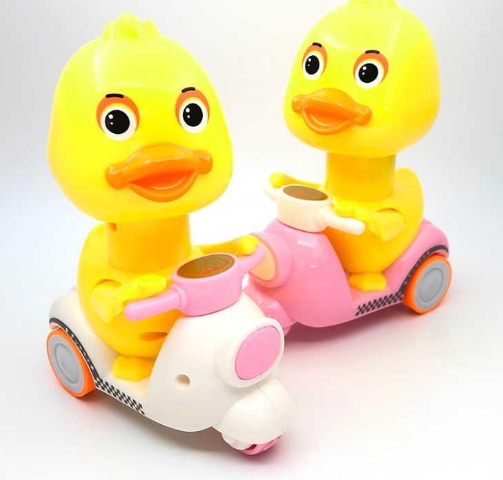 蟹蟹你压谢谢你吖按压式小黄鸭子卡通惯性回力摩托三轮车儿童玩具白底实物图