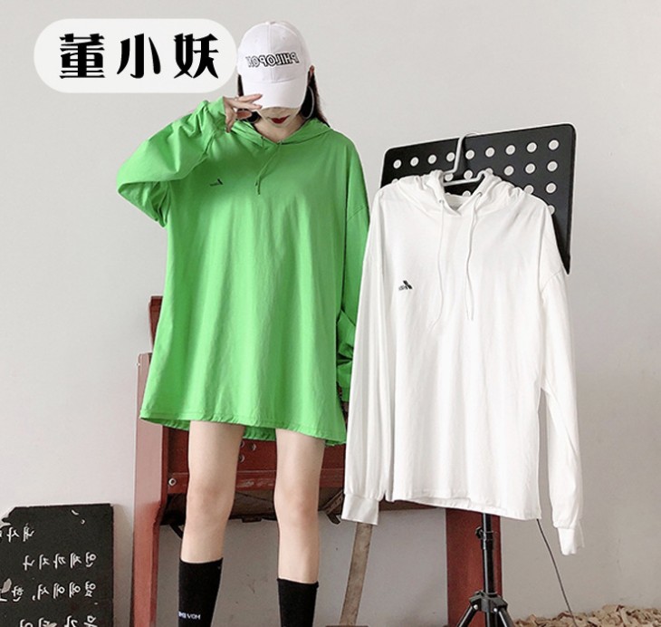 New Korean-style early autumn long-sleeved hooded sweatshirt in avocado green mid-length thin top for women Item Picture