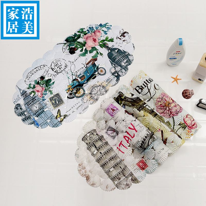环保pvc浴室防滑地垫 纯色卫浴浴缸防水印花脚垫带吸盘 厂家批发