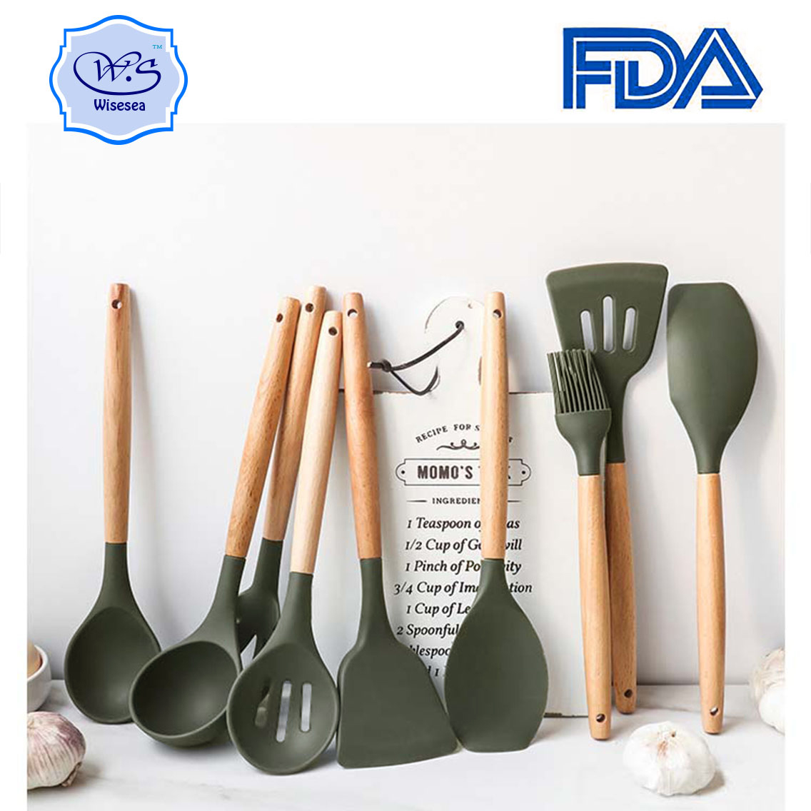 【 Hot Sale 】 A set of 9 kitchen tools with beech wood handles, silicone spatulas, spoons and kitchenware