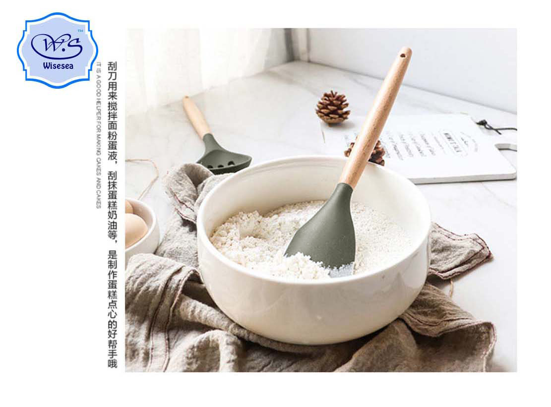 【 Hot Sale 】 A set of 9 kitchen tools with beech wood handles, silicone spatulas, spoons and kitchenware Item Picture