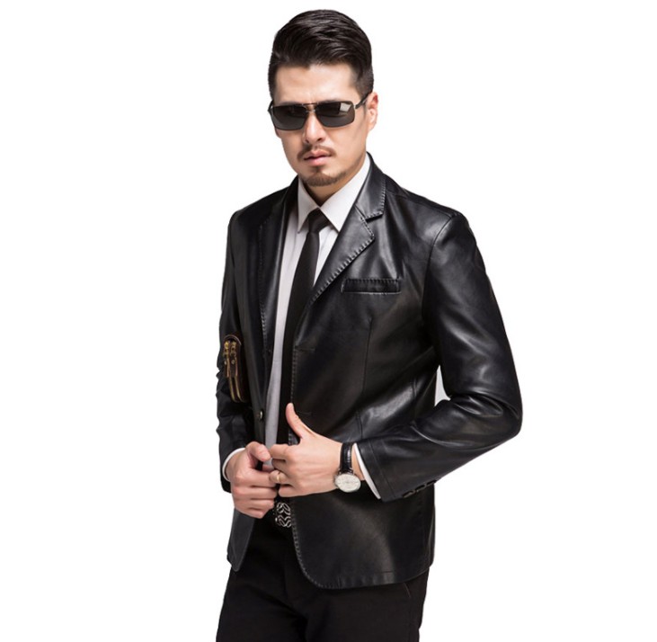 Autumn new thin PU leather suit, form-fitting Korean-style middle-aged men's dad leather jacket, casual suit jacket details Picture