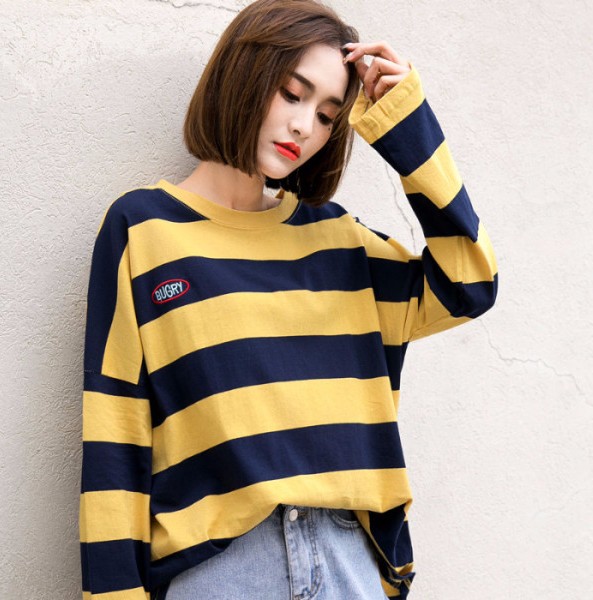 Yellow striped long-sleeved T-shirt, loose Korean-style base layer for women, student BF style top Item Picture