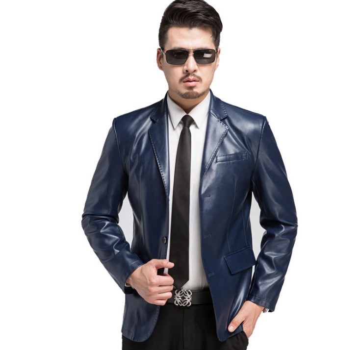 Autumn new thin PU leather suit, form-fitting Korean-style middle-aged men's dad leather jacket, casual suit jacket