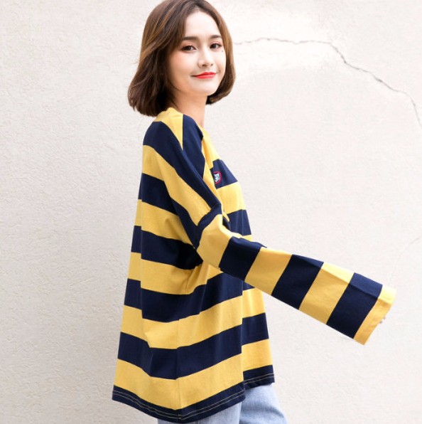 Yellow striped long-sleeved T-shirt, loose Korean-style base layer for women, student BF style top Application Scenario
