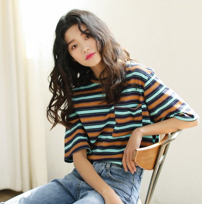 T-shirt for women, short sleeve, loose, Sakurada, Kawashima top, versatile, student striped, Harajuku bf style Application Scenario