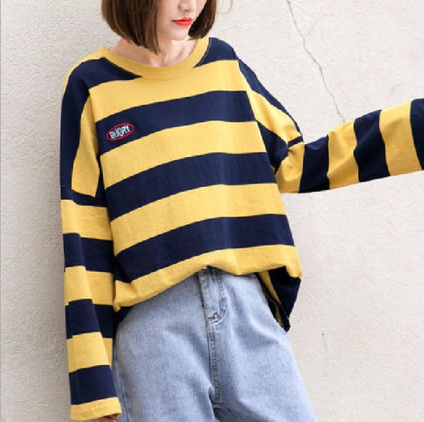 Yellow striped long-sleeved T-shirt, loose Korean-style base layer for women, student BF style top