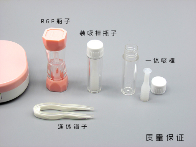 The new contact lens case is of high quality. It features a RGP hard companion box with a glossy cosmetic contact lens case and an integrated suction rod Item Picture