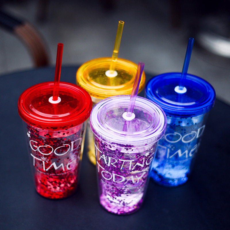Creative new flash gold powder with straw transparent cup Fashion plastic cup gift department store cup custom logo