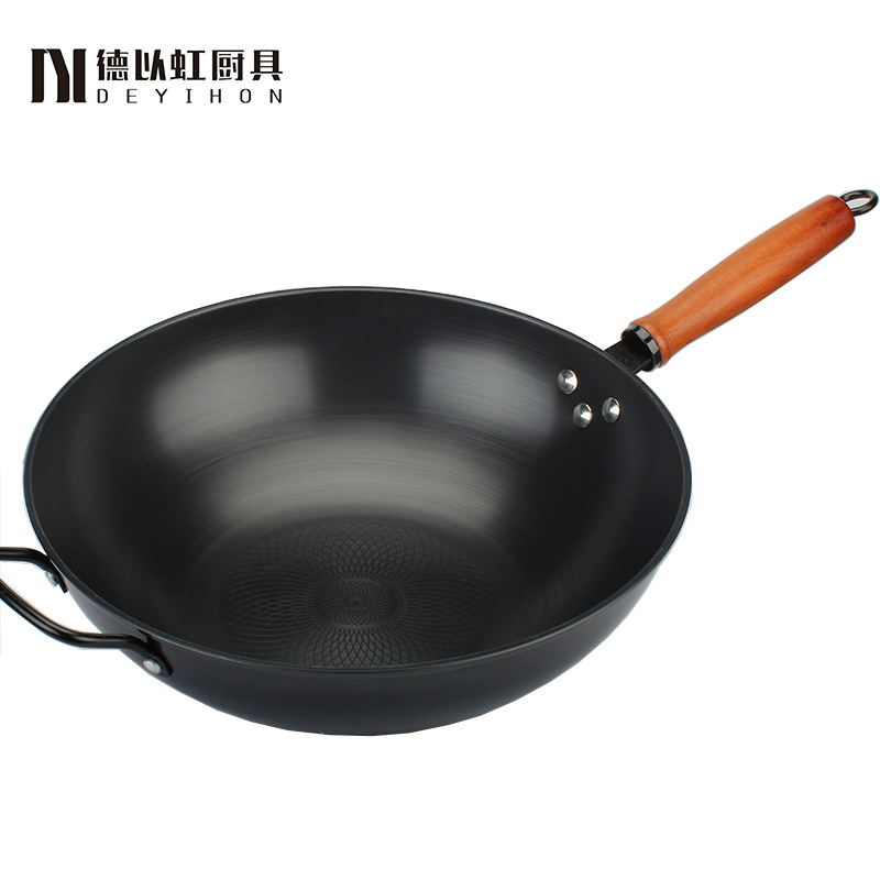 Factory direct sales of De Yi Hong 34cm iron wok, truly rust-free, uncoated wrought iron flat-bottomed universal kitchen wok Item Picture
