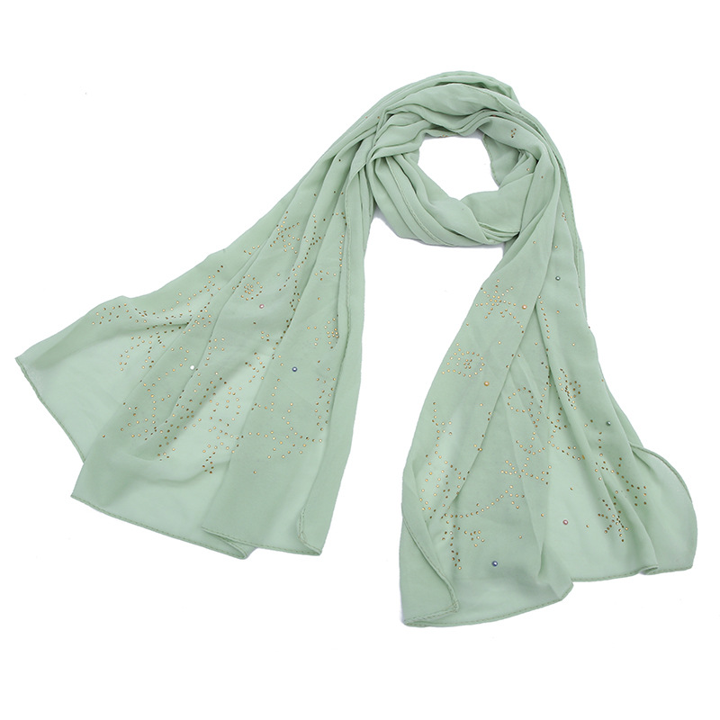 New Malaysian Ethnic Monochrome Hot Diamond Long Scarf Muslim Baked Porcelain New Pearl Chiffon Wrap Head Scarf Specification drawing