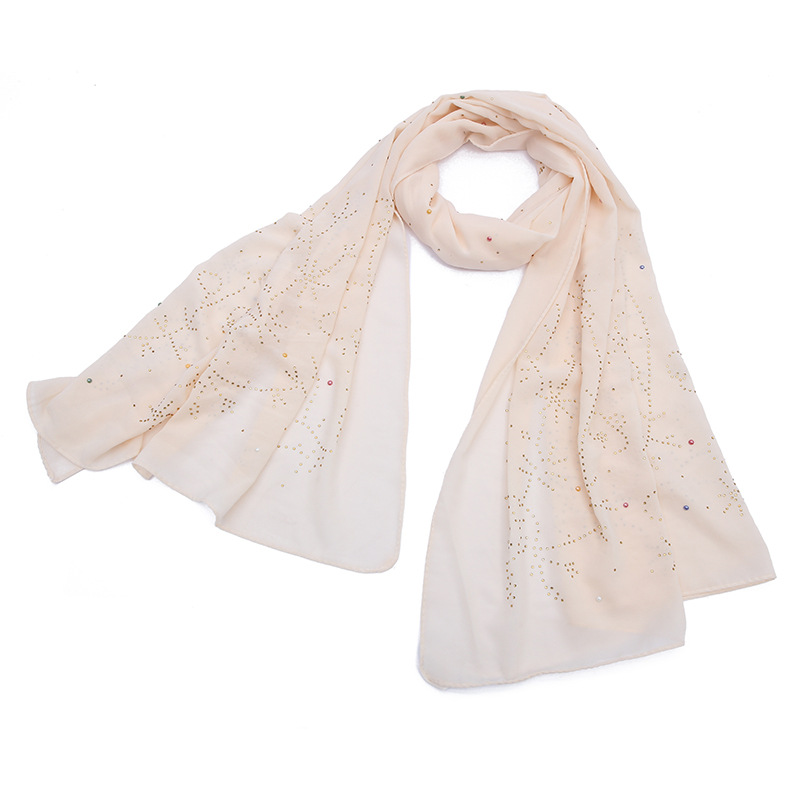 New Malaysian Ethnic Monochrome Hot Diamond Long Scarf Muslim Baked Porcelain New Pearl Chiffon Wrap Head Scarf Application Scenario