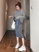 套装女2019新款早秋装韩版条纹长袖针织衫包臀一步裙子时尚两件套