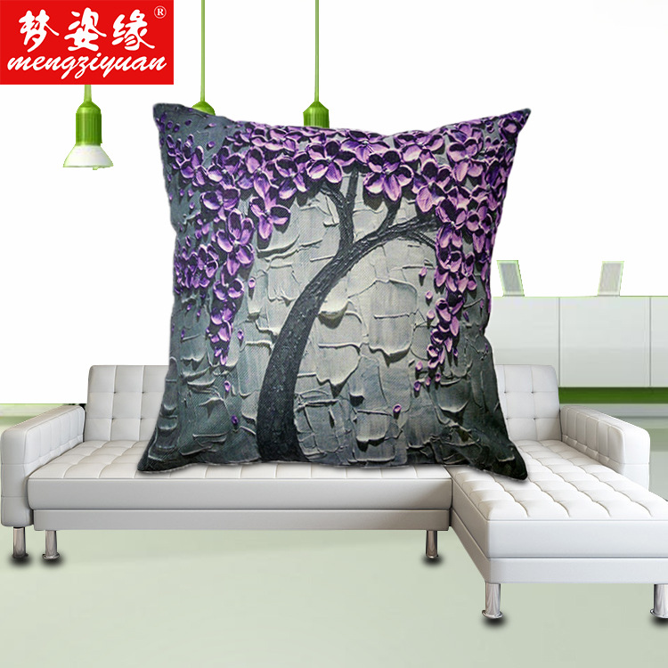 Factory direct sales of linen 3D stereoscopic paintings, tree and flower cushions, pillowcases, sofa cushions, car waist pillows, hot-selling items details Picture