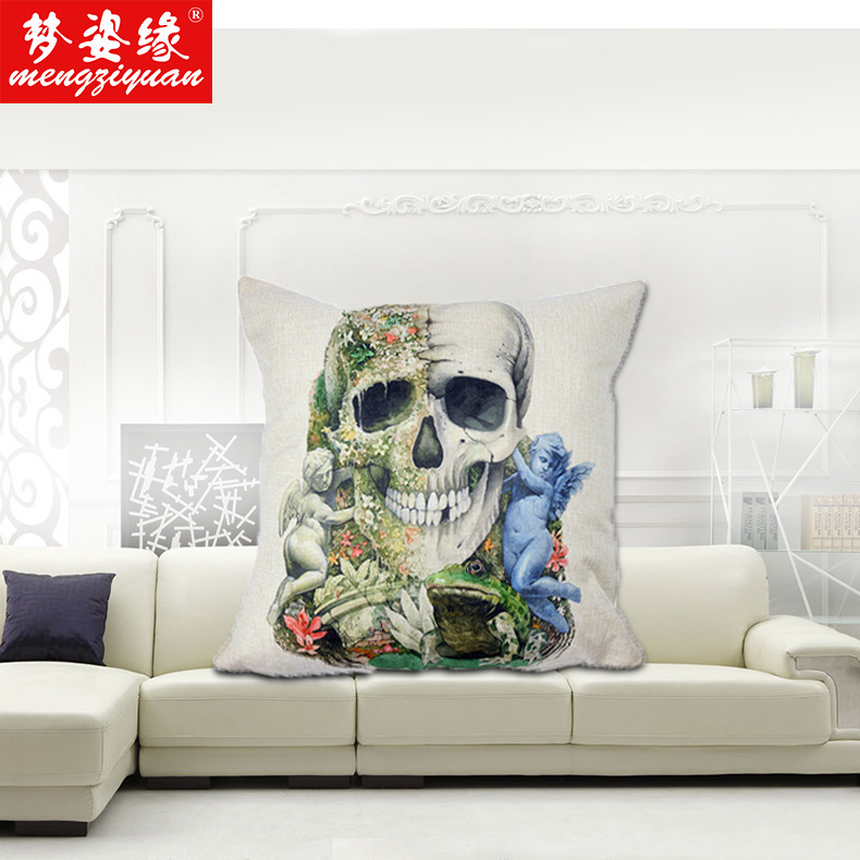 Personalized skull-shaped linen throw pillows, European-style fashionable printed sofa cushions, car backrests, waist pillows, customized for export Specification image
