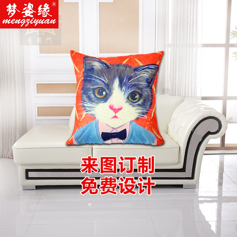 New creative cartoon cat character cotton and linen pillowcase sofa, office pillow cover, fashionable cat cushion customization details Picture