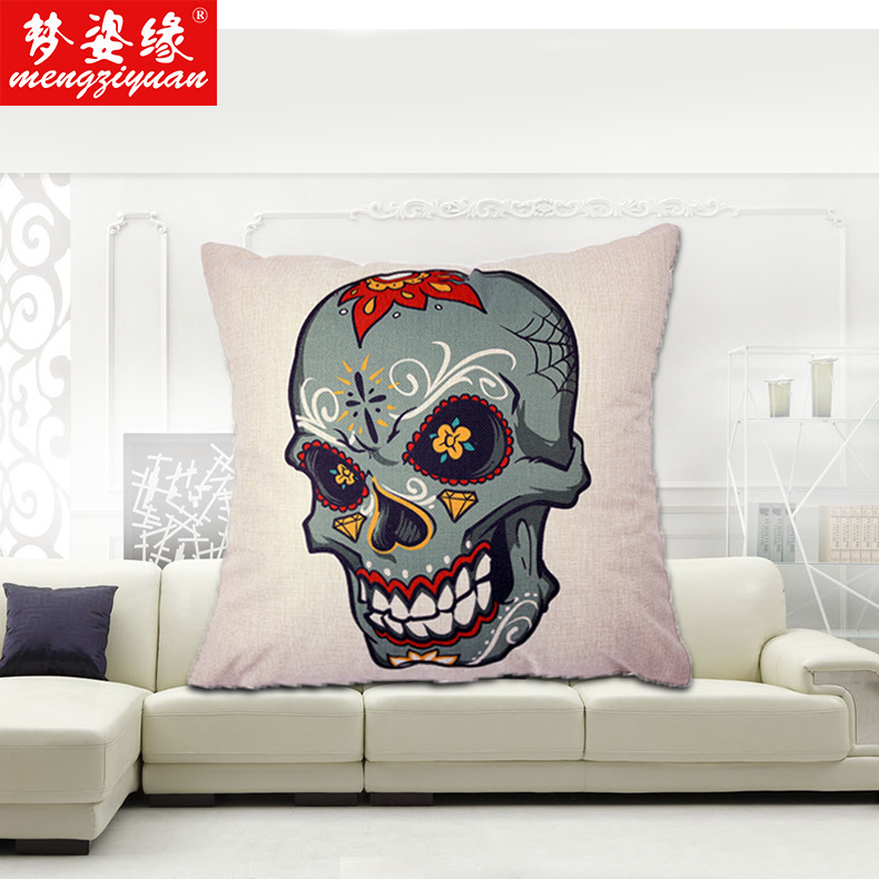 Personalized skull-shaped linen throw pillows, European-style fashionable printed sofa cushions, car backrests, waist pillows, customized for export details Picture