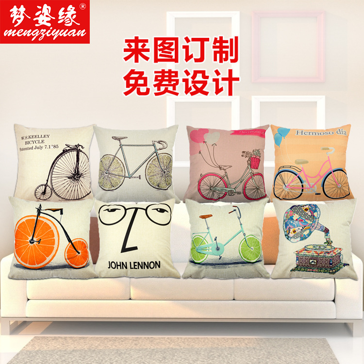 European and American cartoon fruit bicycle linen printed waist support pad, motorcycle pillowcase, camera fan, car cushion details Picture