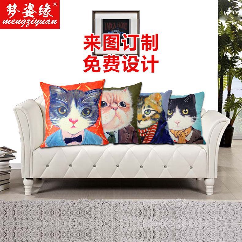 New creative cartoon cat character cotton and linen pillowcase sofa, office pillow cover, fashionable cat cushion customization Specification image